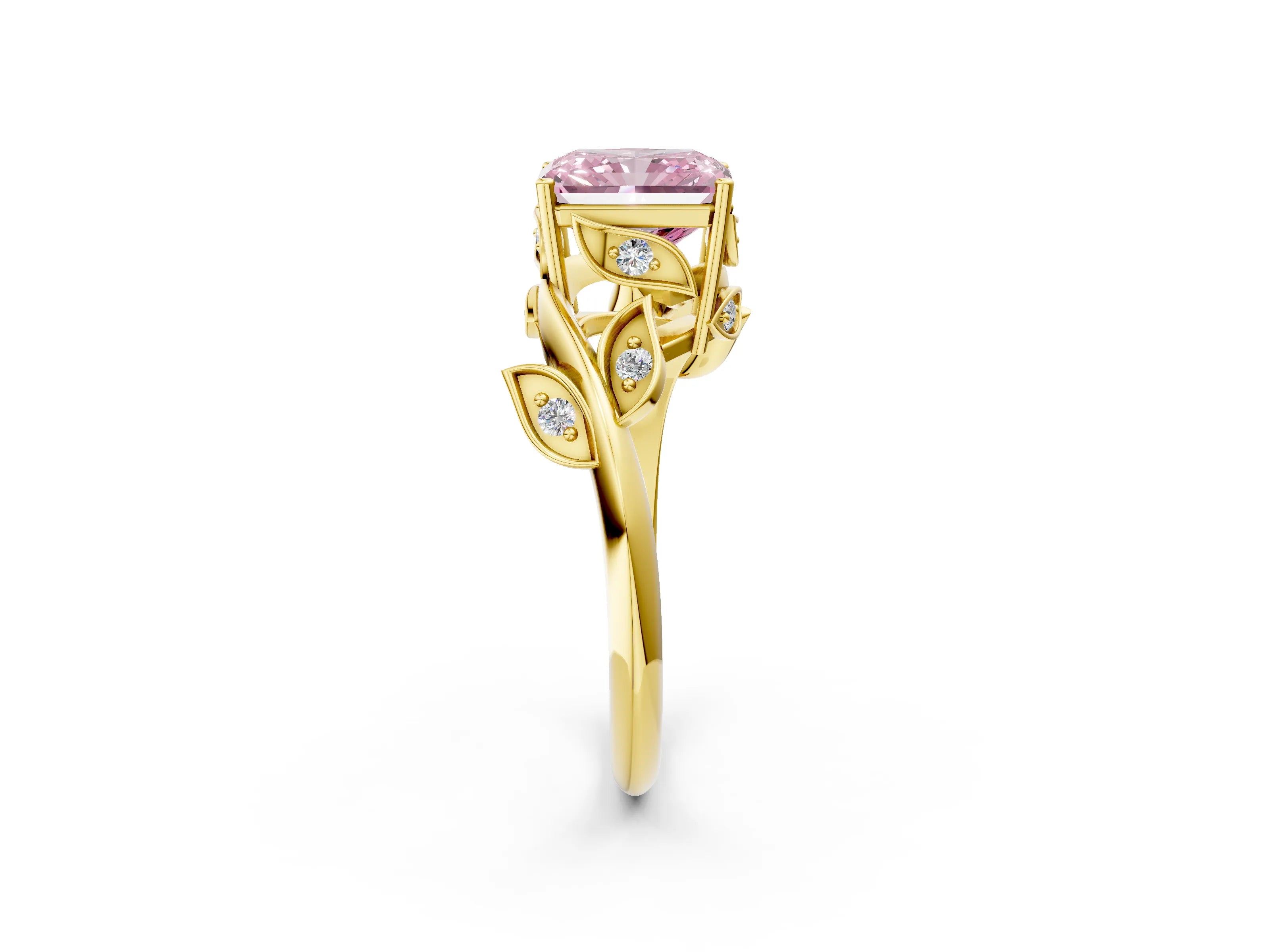 Yellow gold Fancy Pink Radiant Cut Solitaire Twist Engagement Ring with Leaf Accents and Prong Setting_15