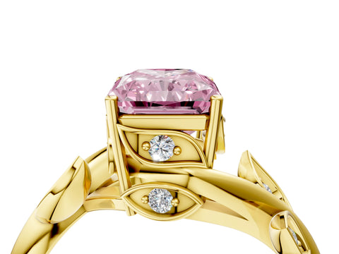 Yellow gold Fancy Pink Radiant Cut Solitaire Twist Engagement Ring with Leaf Accents and Prong Setting_17