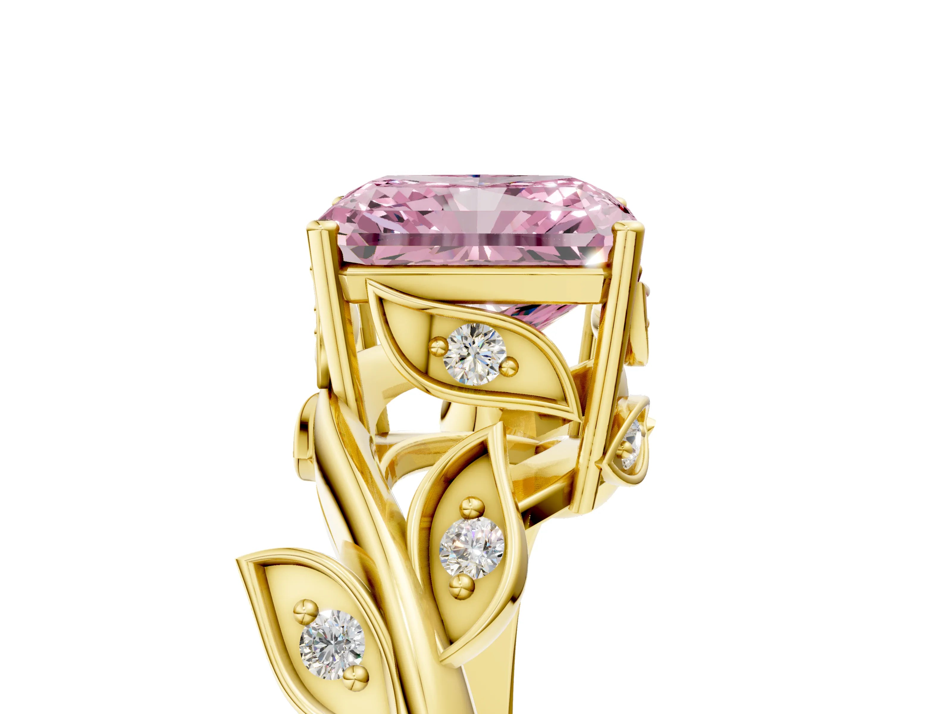 Yellow gold Fancy Pink Radiant Cut Solitaire Twist Engagement Ring with Leaf Accents and Prong Setting_18