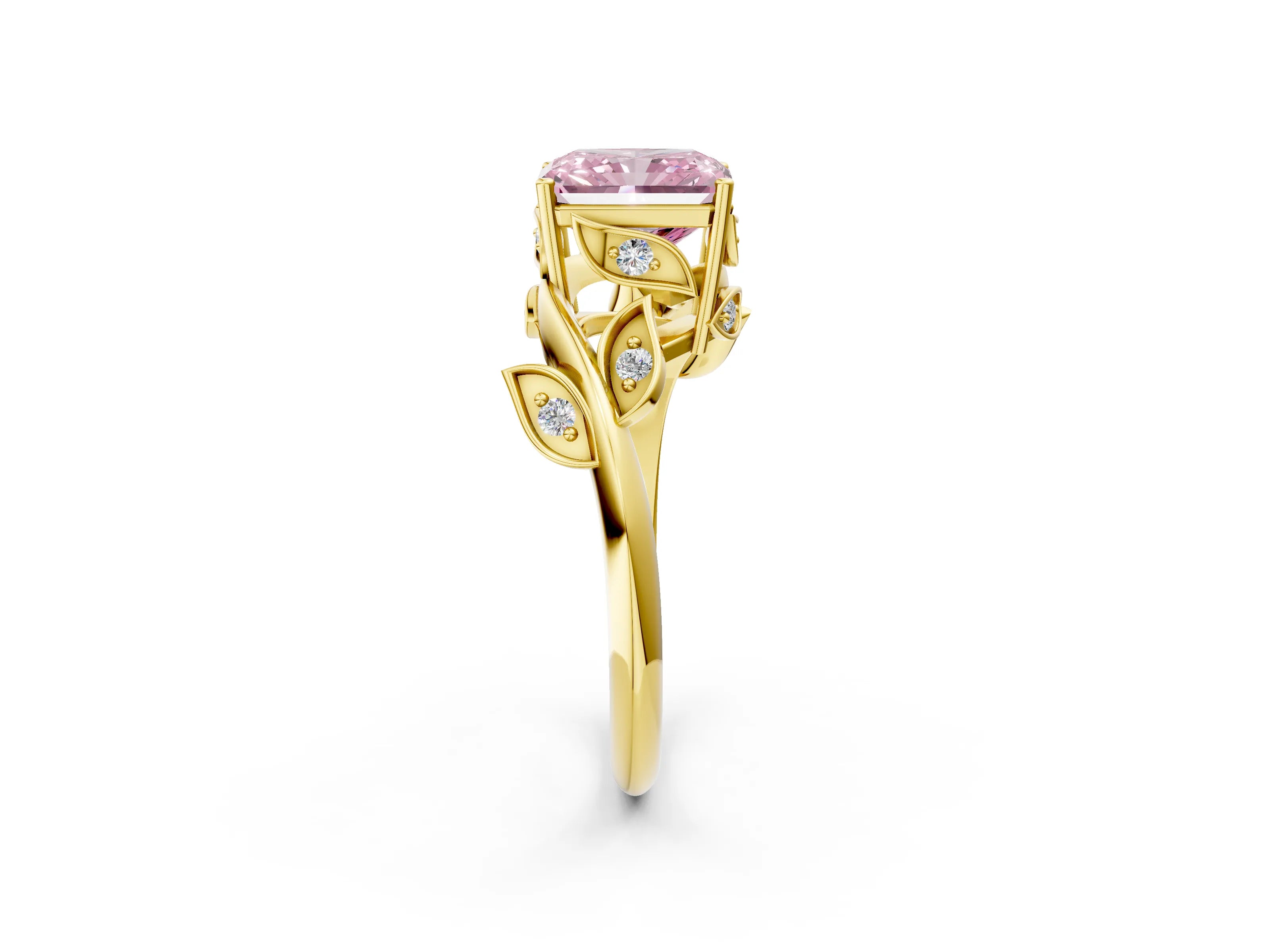 Yellow gold Fancy Pink Radiant Cut Solitaire Twist Engagement Ring with Leaf Accents and Prong Setting_2