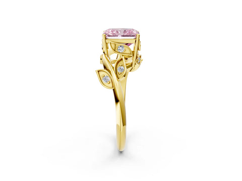 Yellow gold Fancy Pink Radiant Cut Solitaire Twist Engagement Ring with Leaf Accents and Prong Setting_2