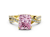 Yellow gold Fancy Pink Radiant Cut Solitaire Twist Pave Diamond Engagement Ring with Prong Setting