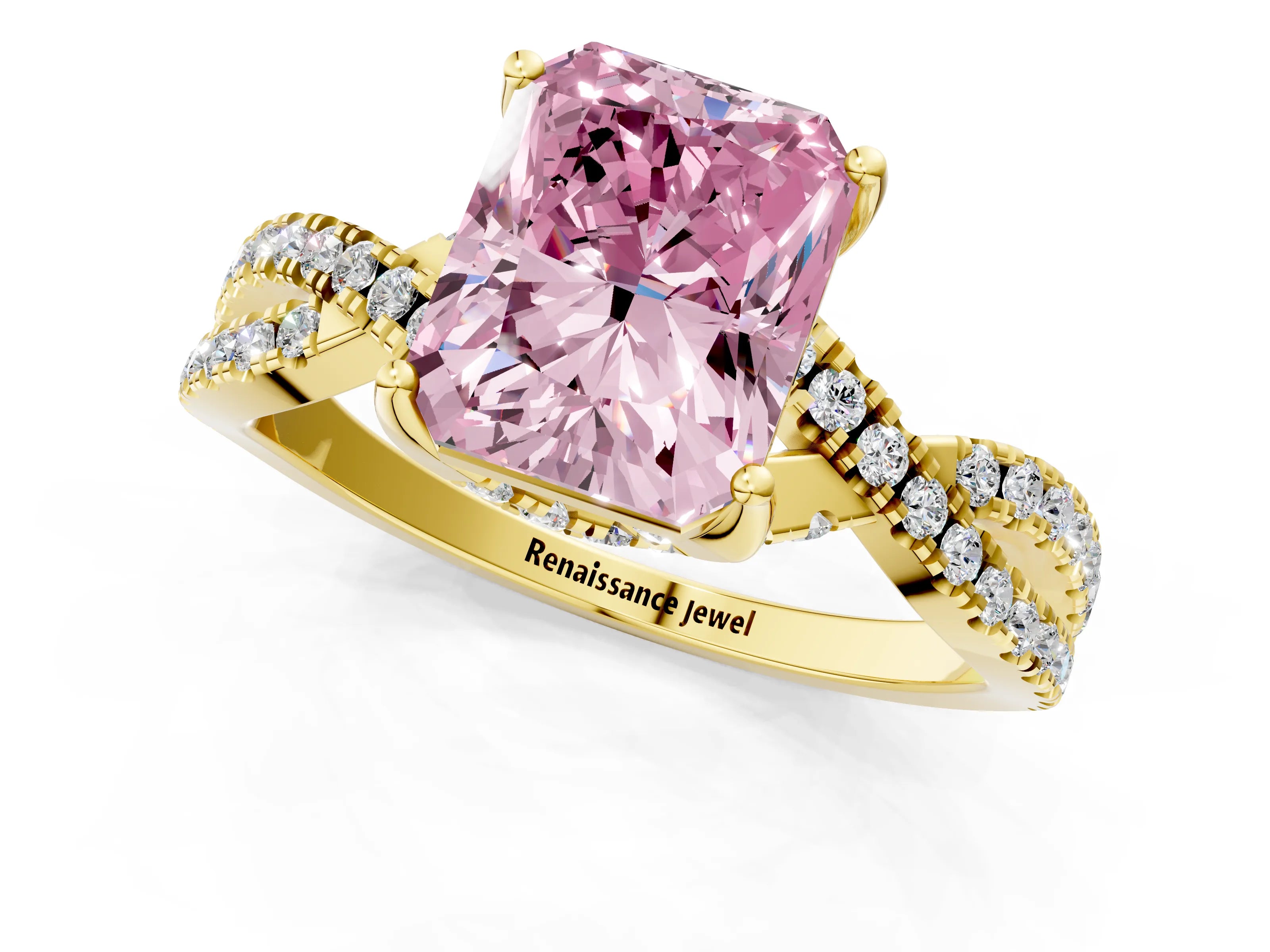 Yellow gold Fancy Pink Radiant Cut Solitaire Twist Pave Diamond Engagement Ring with Prong Setting_1