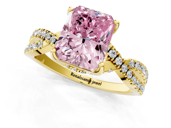 Yellow Gold Radiant Cut Twisted Split Shank Engagement Ring Setting for Fancy Pink Center
