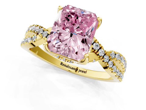 Yellow gold Fancy Pink Radiant Cut Solitaire Twist Pave Diamond Engagement Ring with Prong Setting_25