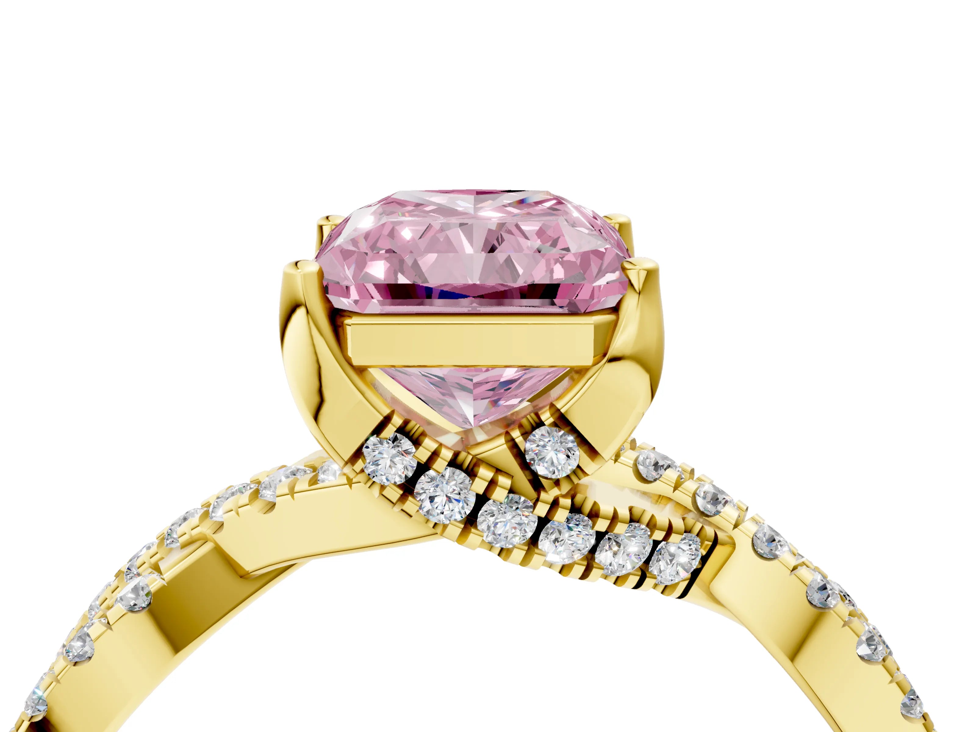 Yellow gold Fancy Pink Radiant Cut Solitaire Twist Pave Diamond Engagement Ring with Prong Setting_4