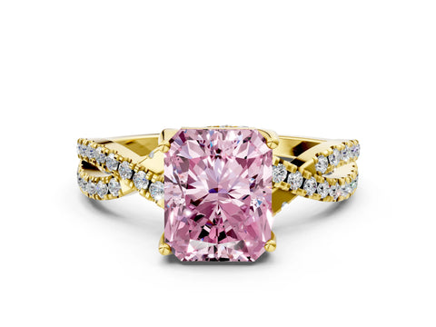 Yellow gold Fancy Pink Radiant Cut Solitaire Twist Pave Diamond Engagement Ring with Prong Setting