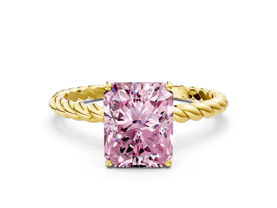 Yellow gold Fancy Pink Radiant Cut Solitaire Twisted Band 4-Prong Ring