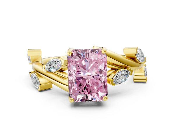Yellow gold Fancy Pink Radiant Cut Solitaire Twisted Band Marquise Accent Prong Setting Ring