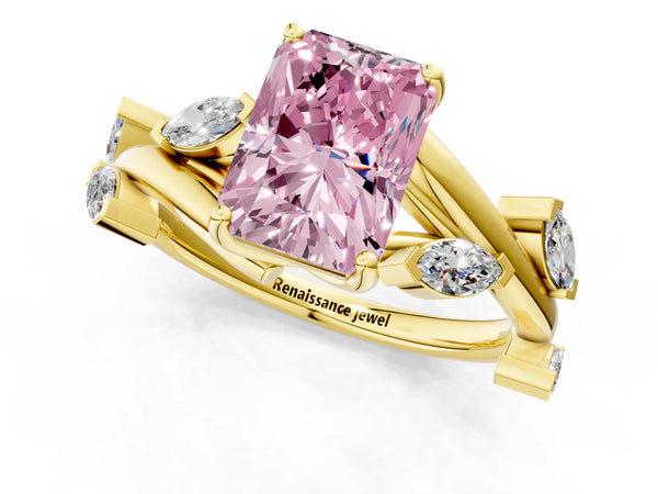 Yellow gold Fancy Pink Radiant Cut Solitaire Twisted Band Marquise Accent Prong Setting Ring
