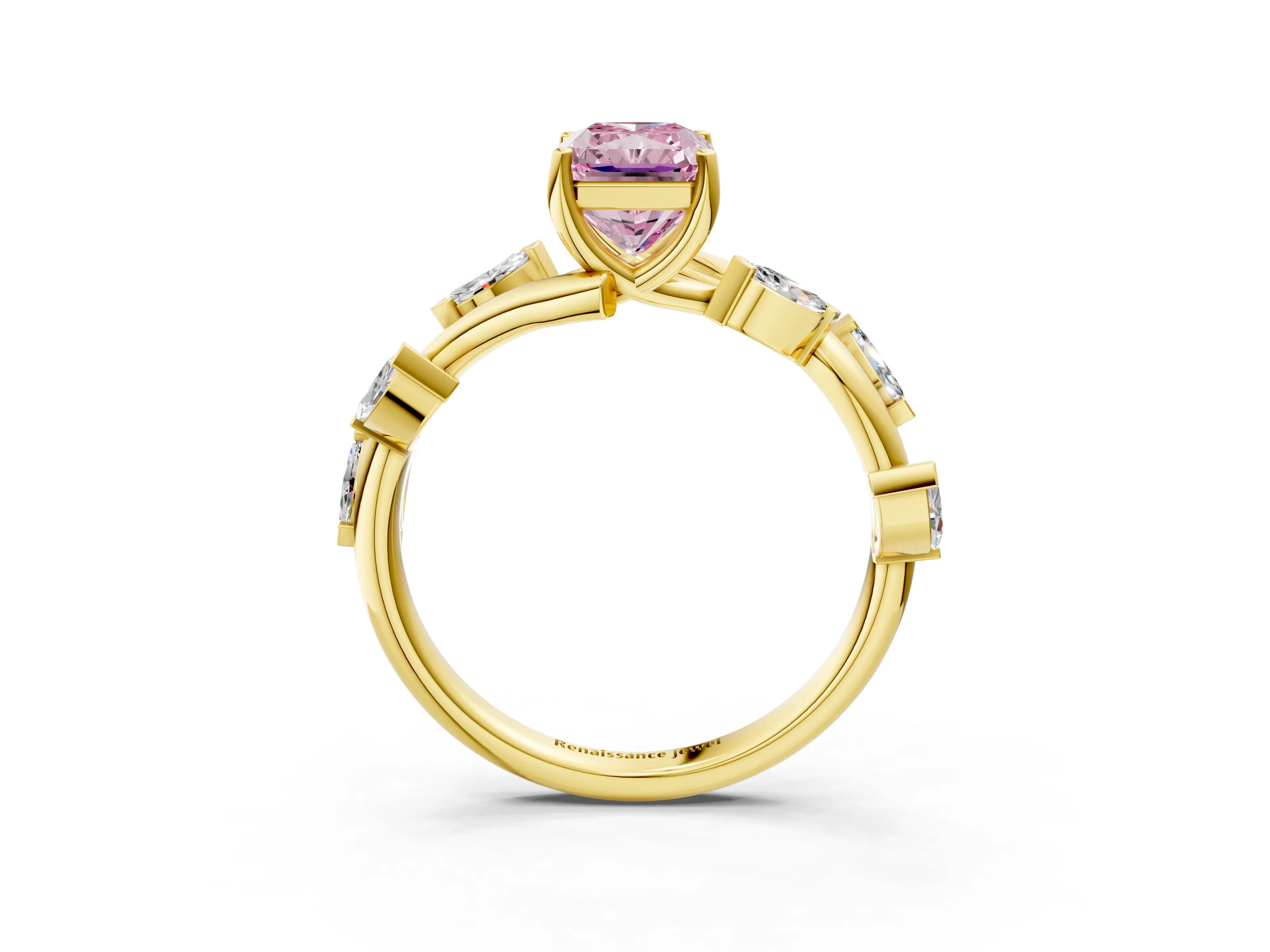Yellow gold Fancy Pink Radiant Cut Solitaire Twisted Band Marquise Accent Prong Setting Ring_3