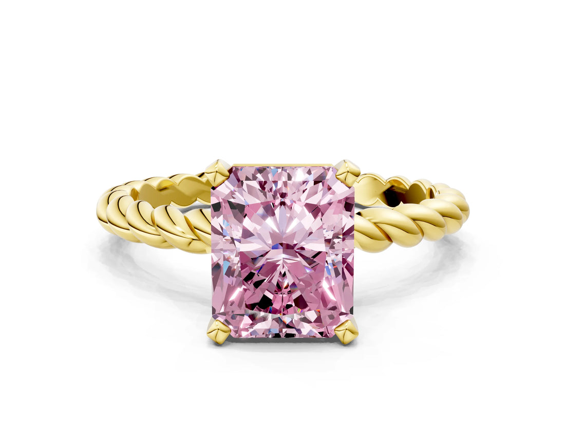 Yellow gold Fancy Pink Radiant  Cut Solitaire Twisted Band with Four-Prong Setting_87