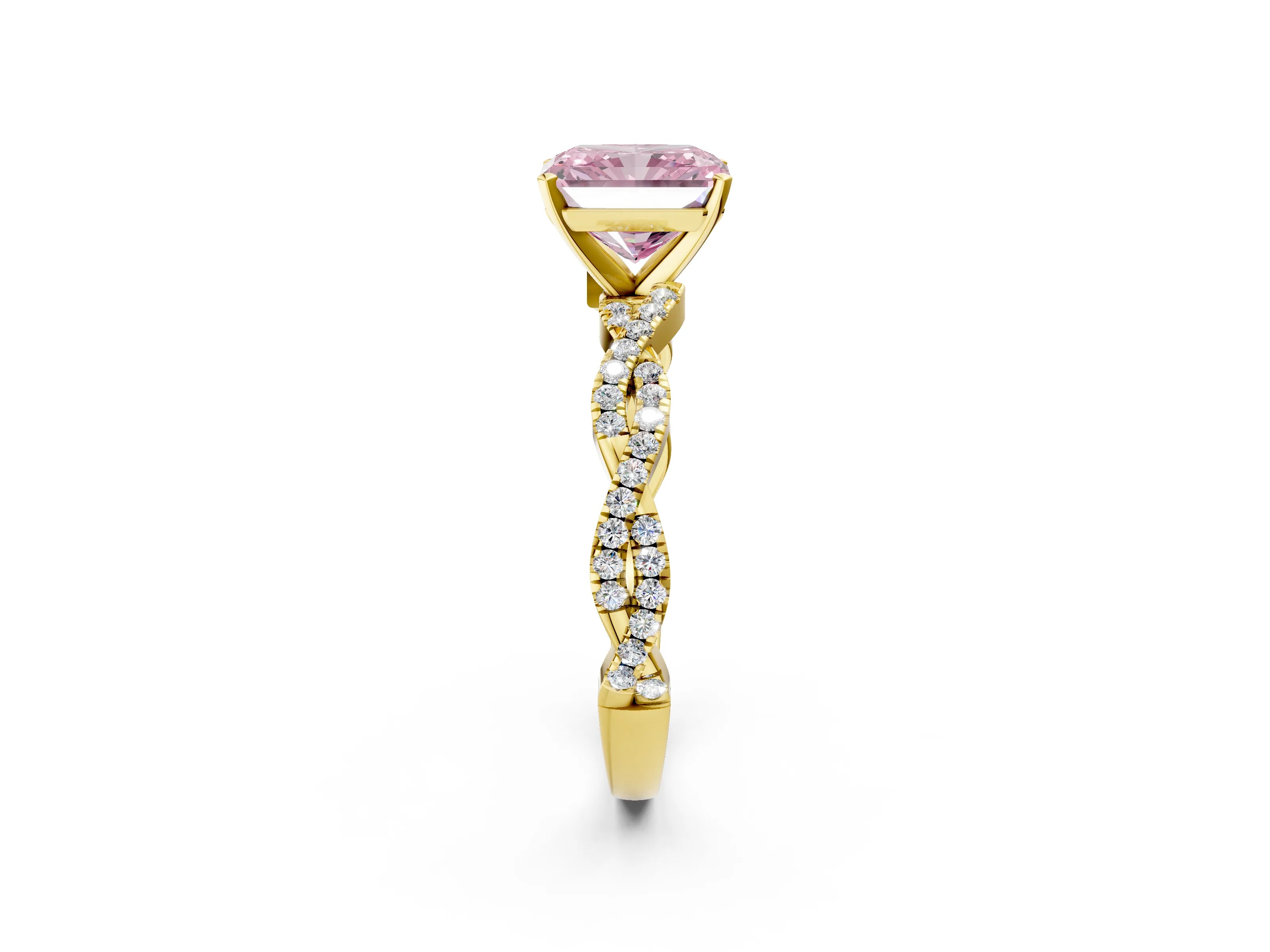 Yellow gold Fancy Pink Radiant Cut Solitaire Twisted Pave Band with Four-Prong Setting_17