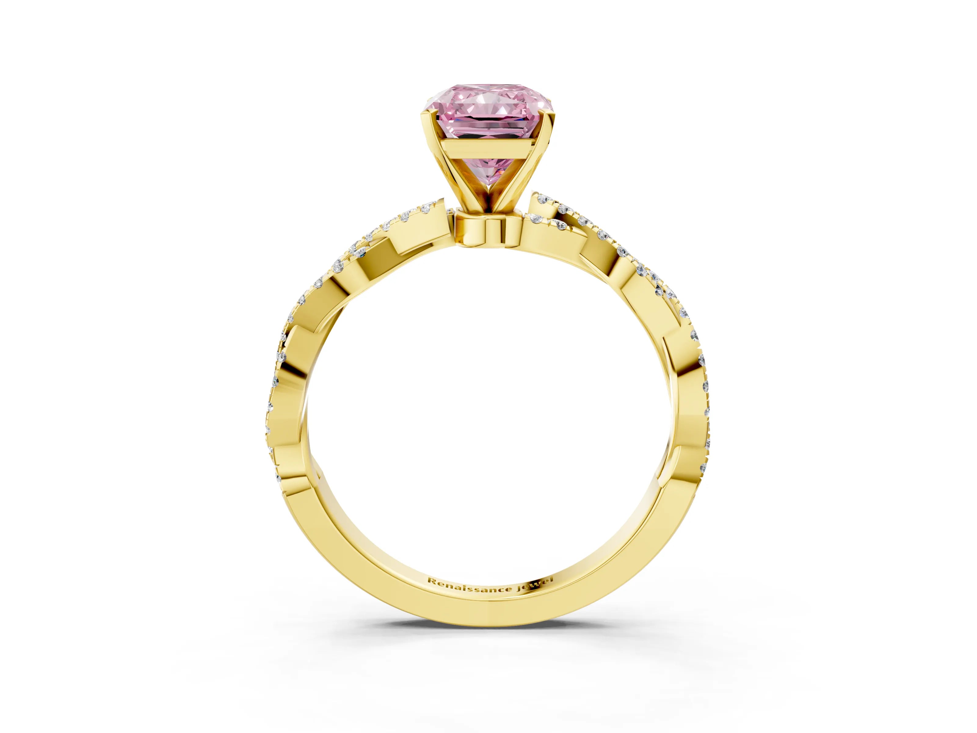 Yellow gold Fancy Pink Radiant Cut Solitaire Twisted Pave Band with Four-Prong Setting_18