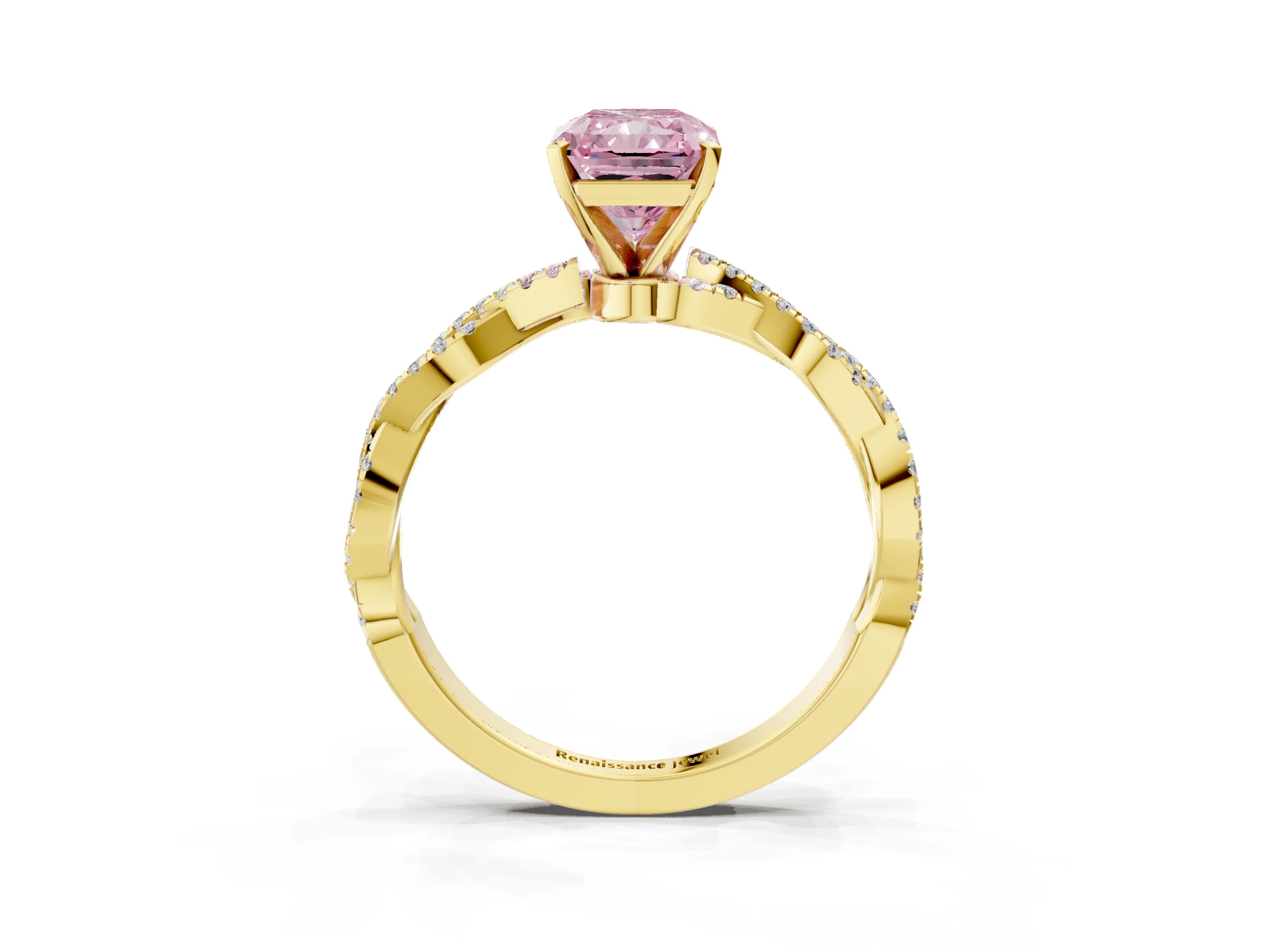 Yellow gold Fancy Pink Radiant Cut Solitaire Twisted Pave Band with Four-Prong Setting_6