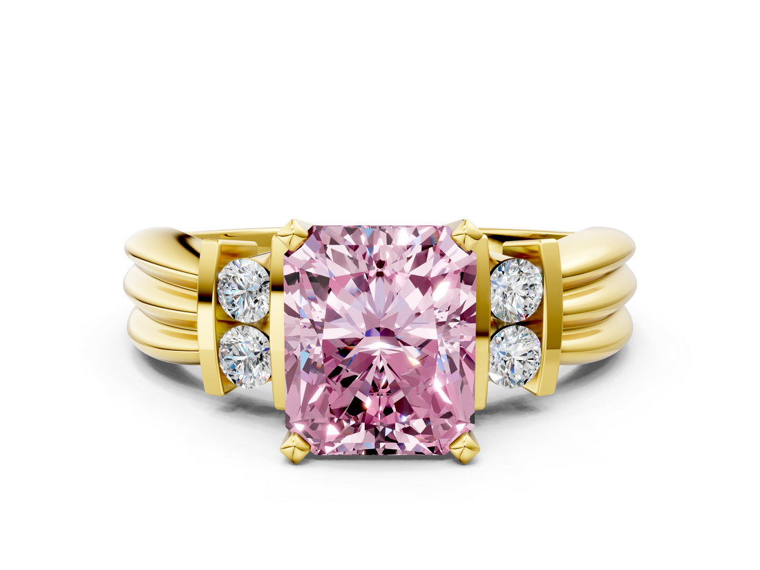 Yellow gold Fancy Pink Radiant  Cut Three-Stone Channel Set Ring with Bar Prongs_59