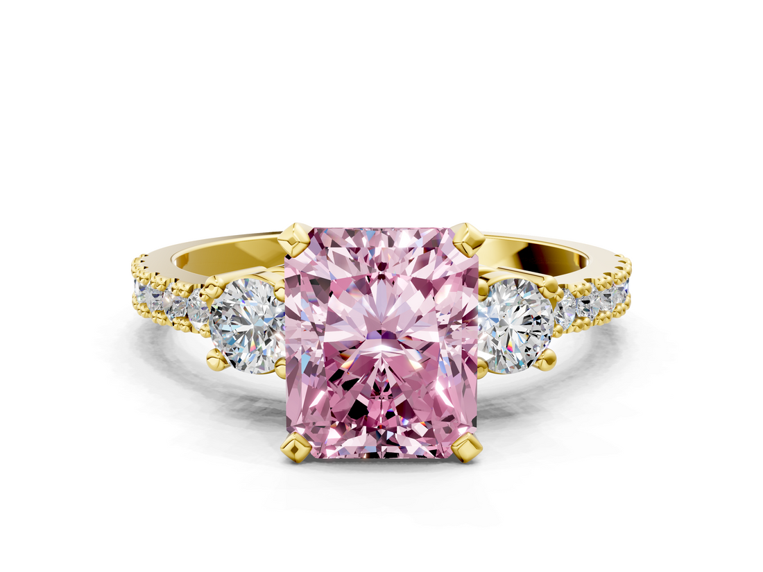 Yellow gold Fancy Pink Radiant  Cut Three-Stone Diamond Pavé Band with Prong Setting_17