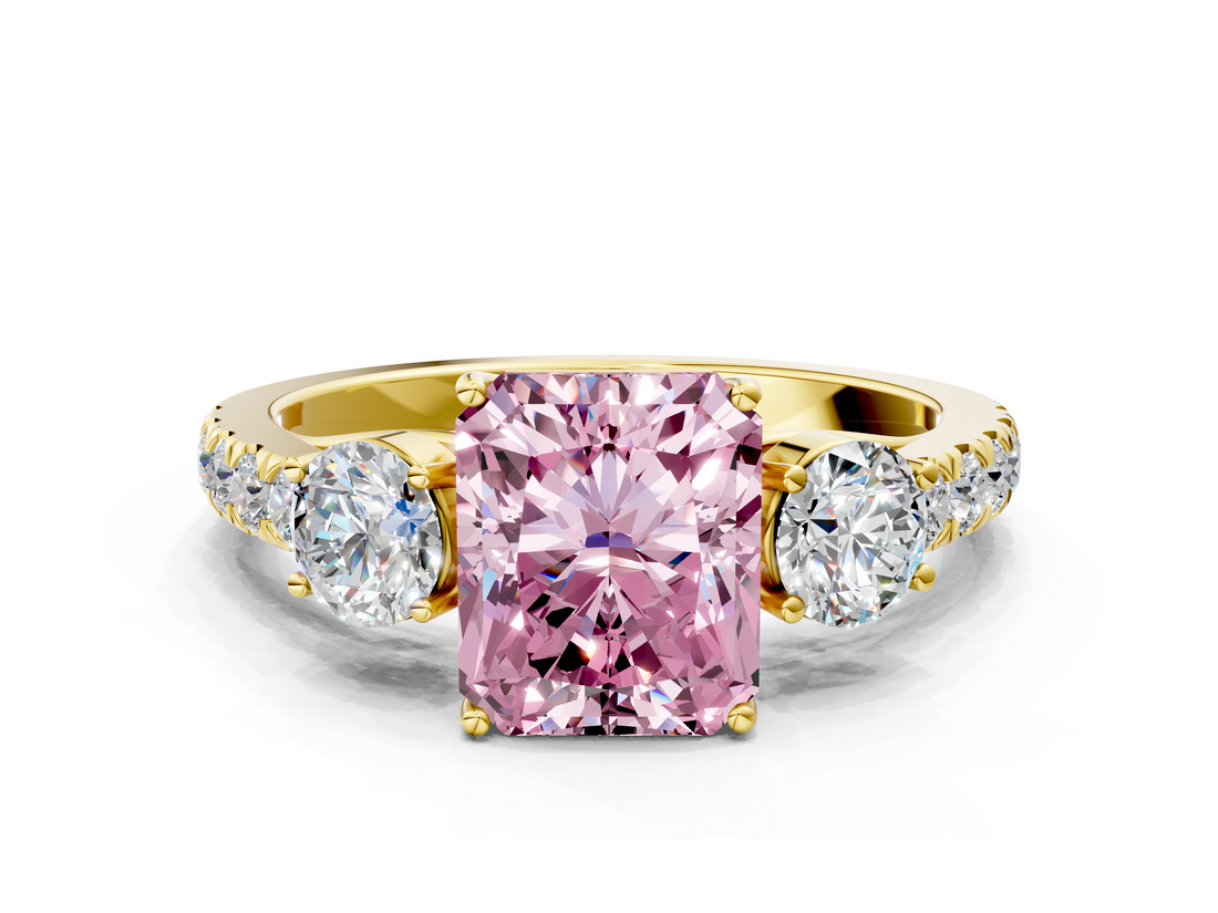 Yellow gold Fancy Pink Radiant  Cut Three-Stone Diamond Pave Band with Prong Setting_37