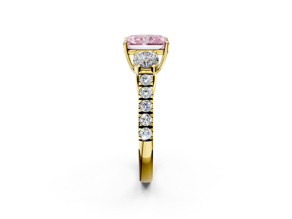 Yellow gold Fancy Pink Radiant  Cut Diamond Three-Stone Ring with Round Side Stones and Pavé Band