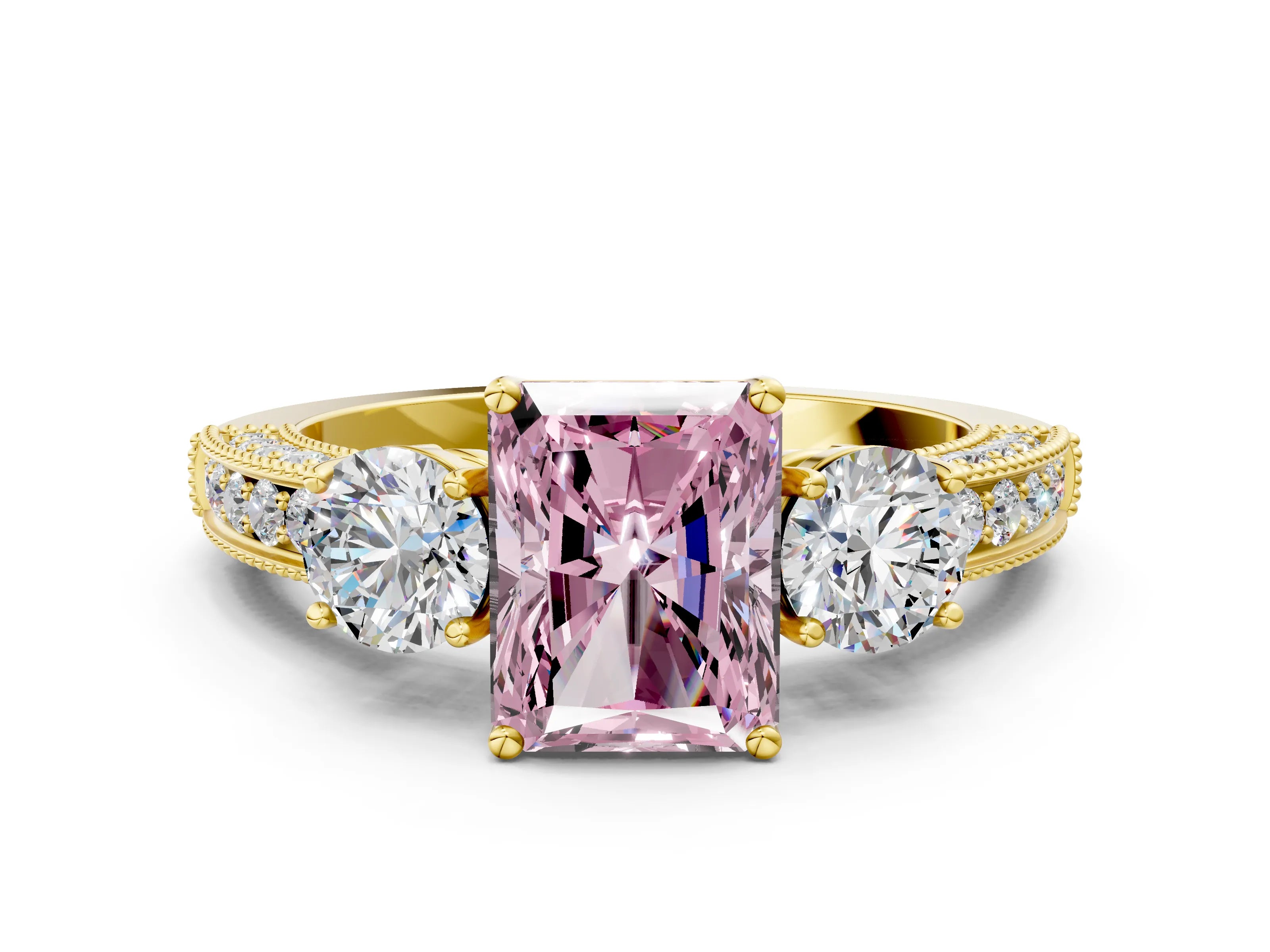 Yellow gold Fancy Pink Radiant Cut Three-Stone Diamond Ring with Pavé Band and Four-Prong Setting