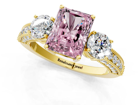Yellow gold Fancy Pink Radiant Cut Three-Stone Diamond Ring with Pavé Band and Four-Prong Setting_1