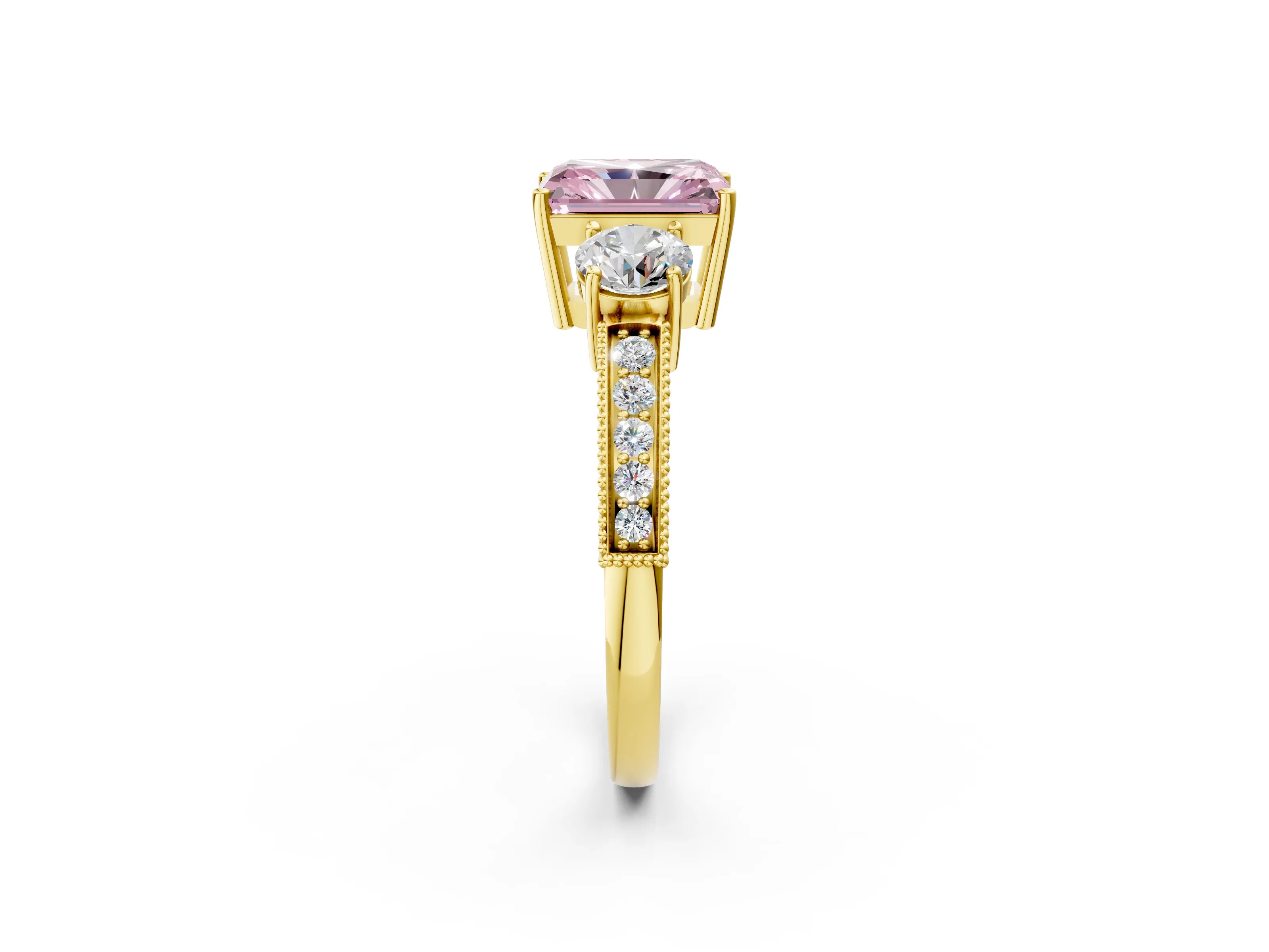 Yellow gold Fancy Pink Radiant Cut Three-Stone Diamond Ring with Pavé Band and Four-Prong Setting_2