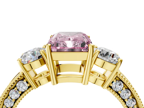 Yellow gold Fancy Pink Radiant Cut Three-Stone Diamond Ring with Pavé Band and Four-Prong Setting_4