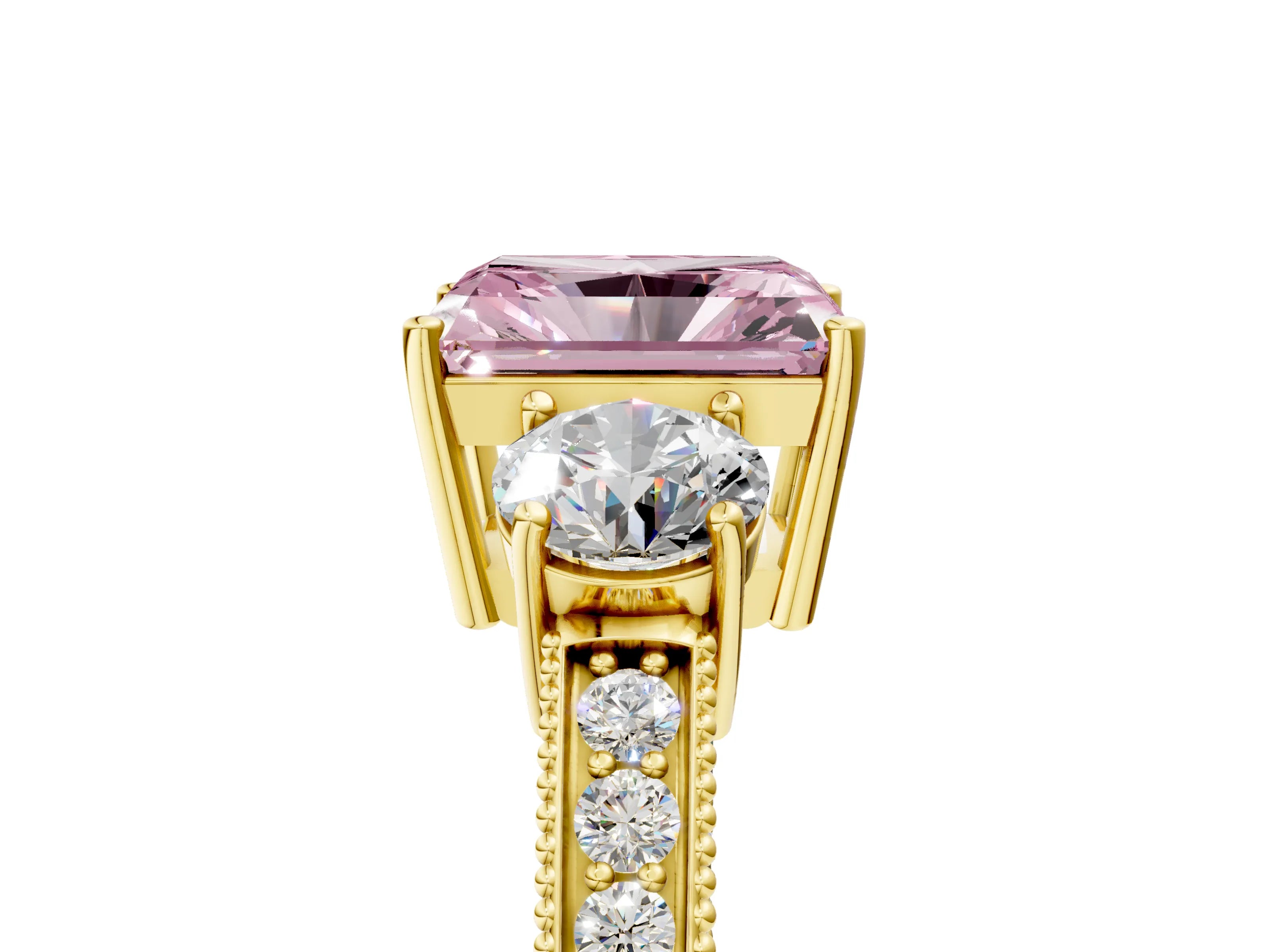 Yellow gold Fancy Pink Radiant Cut Three-Stone Diamond Ring with Pavé Band and Four-Prong Setting_5