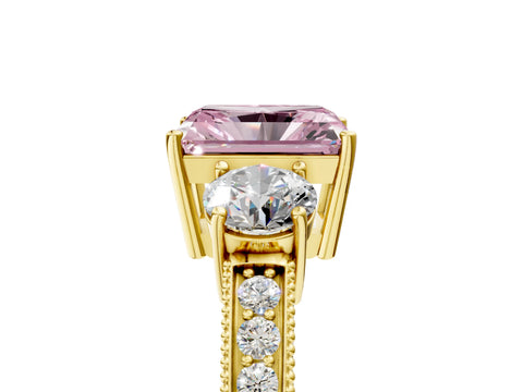 Yellow gold Fancy Pink Radiant Cut Three-Stone Diamond Ring with Pavé Band and Four-Prong Setting_5