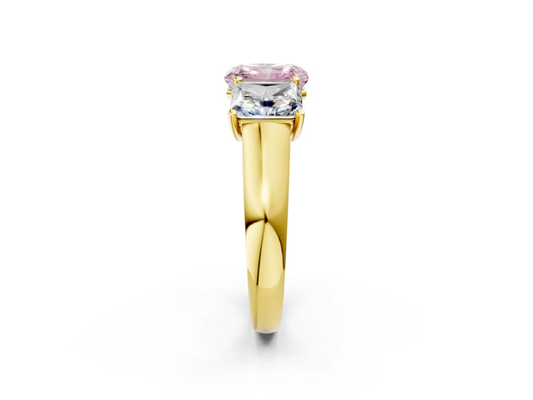 Yellow gold Fancy Pink Radiant Cut Three-Stone Diamond Ring with Prong Setting on a Classic Band