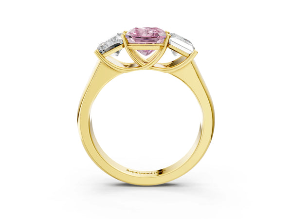 Yellow gold Fancy Pink Radiant Cut Three-Stone Diamond Ring with Prong Setting on a Classic Band