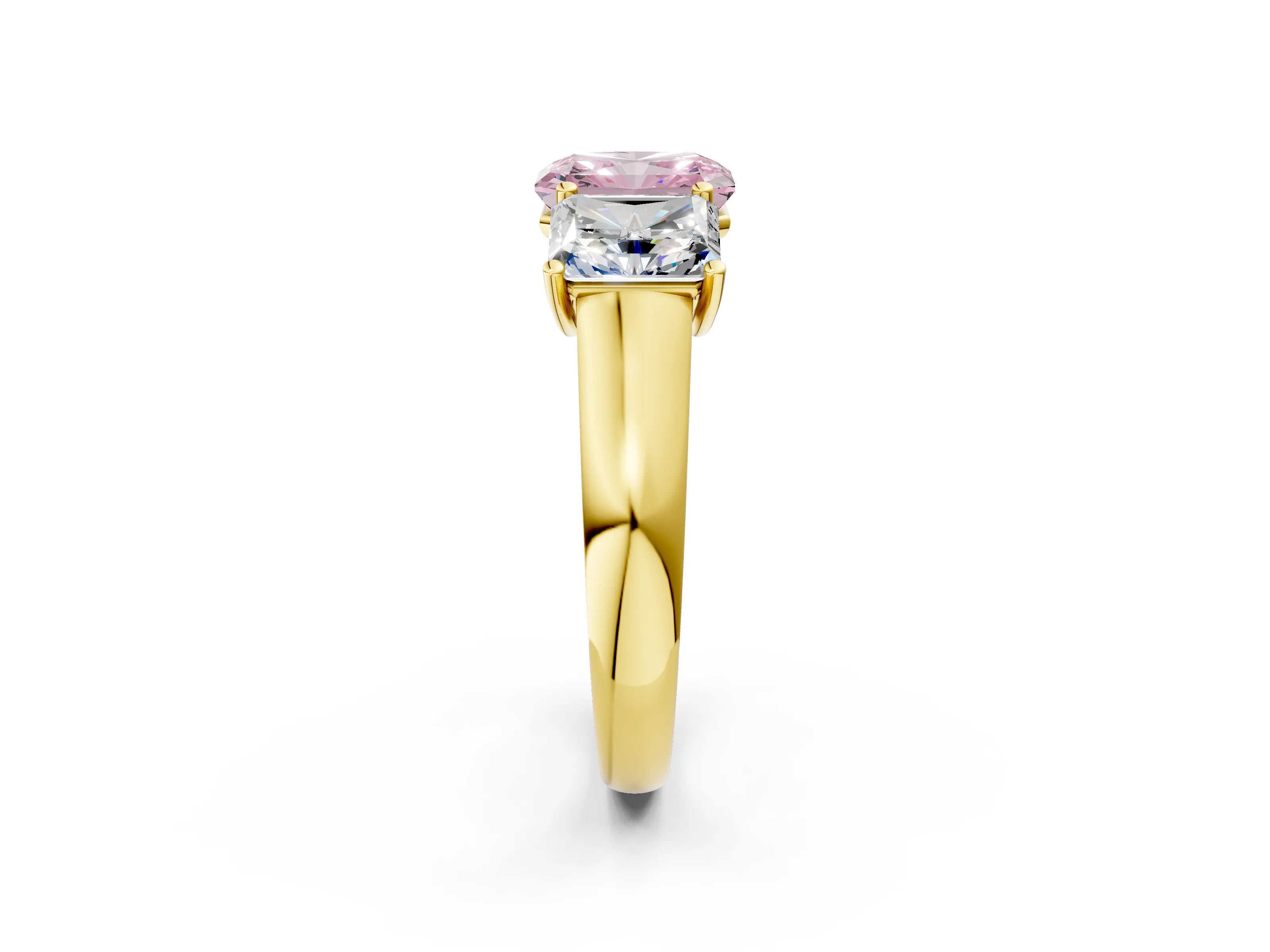 Yellow gold Fancy Pink Radiant Cut Three-Stone Diamond Ring with Prong Setting on a Classic Band_2