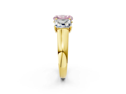 Yellow gold Fancy Pink Radiant Cut Three-Stone Diamond Ring with Prong Setting on a Classic Band_2