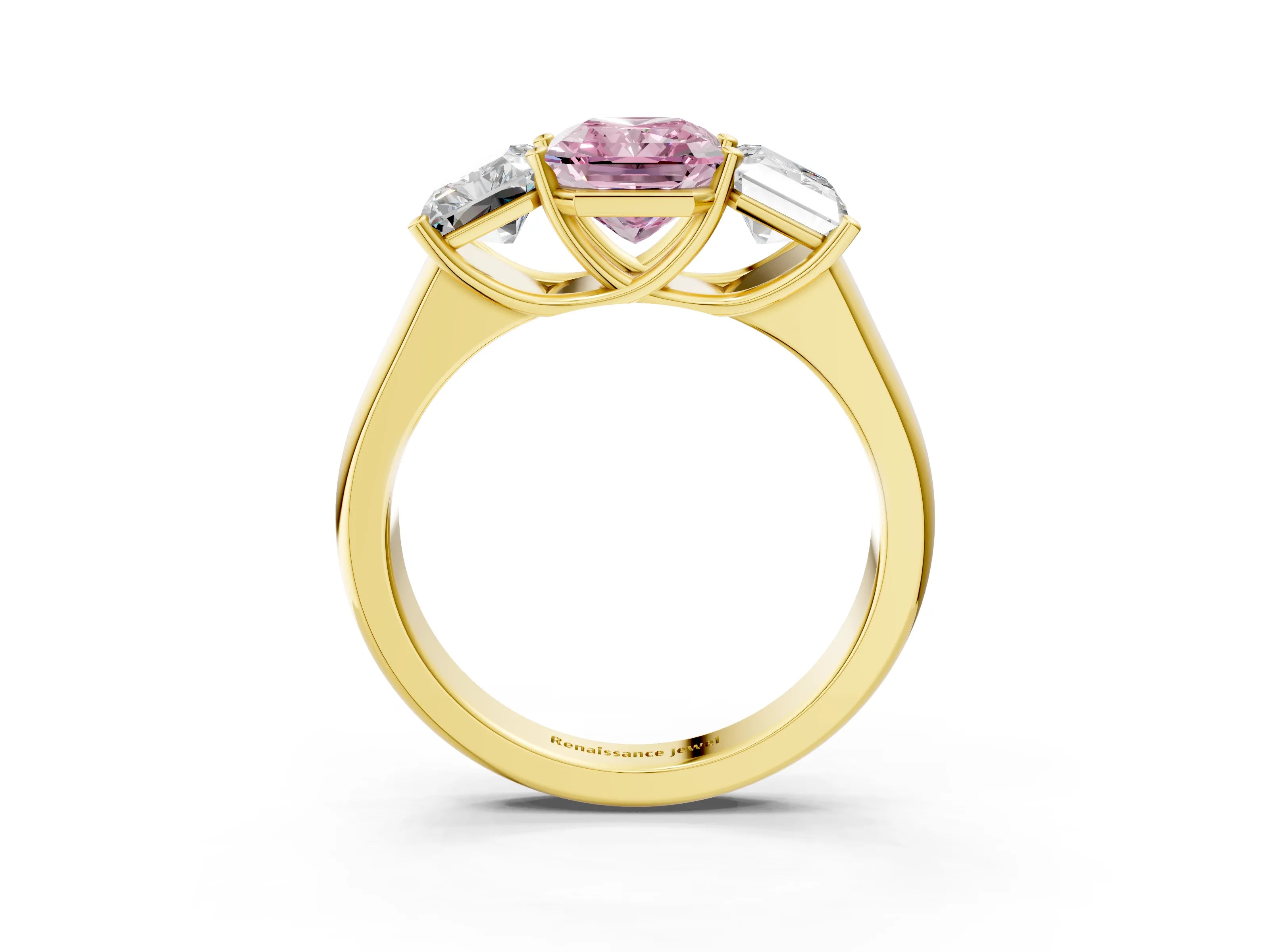Yellow gold Fancy Pink Radiant Cut Three-Stone Diamond Ring with Prong Setting on a Classic Band_3