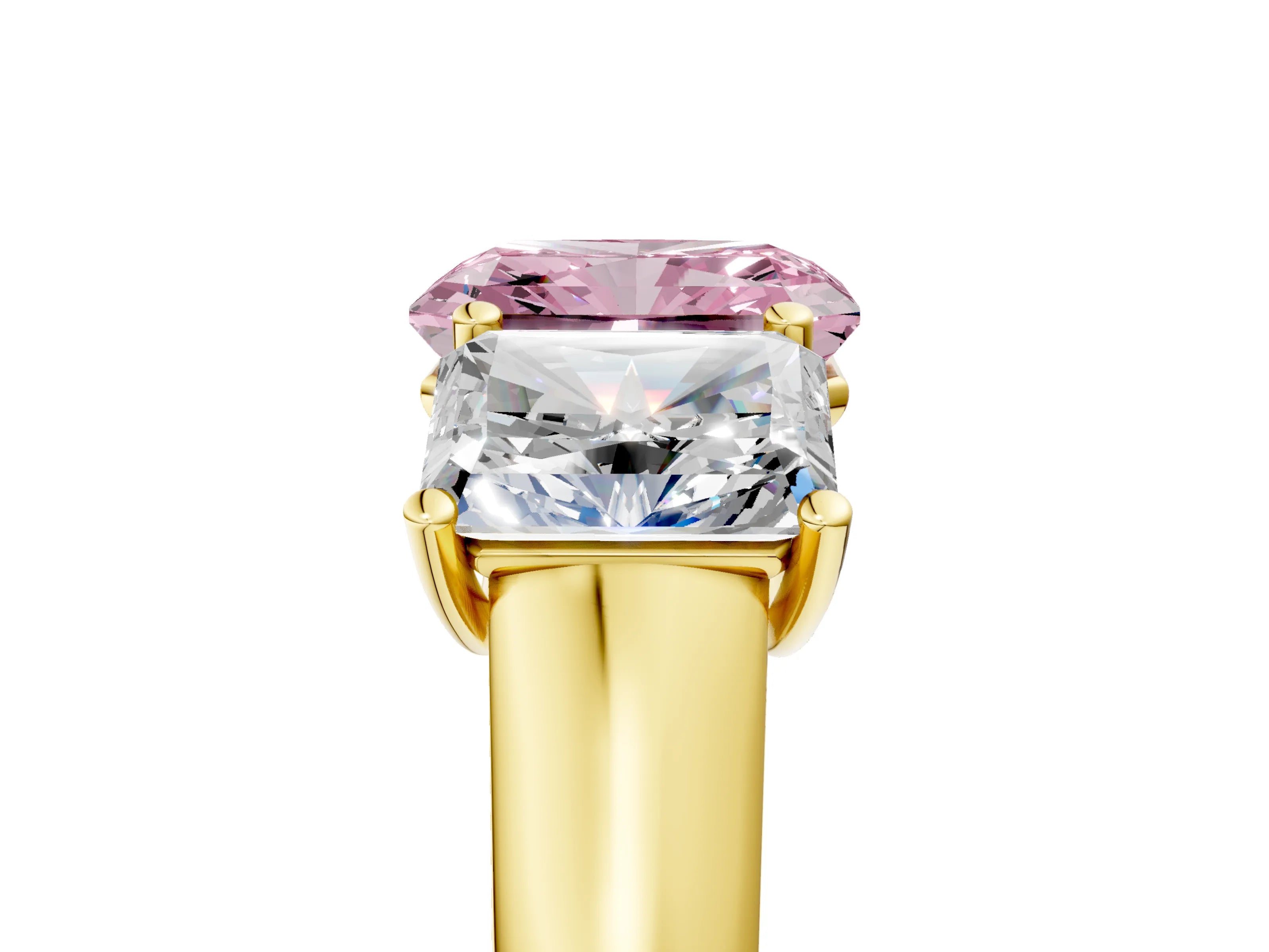 Yellow gold Fancy Pink Radiant Cut Three-Stone Diamond Ring with Prong Setting on a Classic Band_5