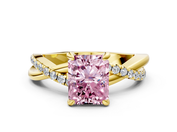 Yellow gold Fancy Pink Radiant  Cut Twist Band Solitaire Diamond Ring with Pavé Setting
