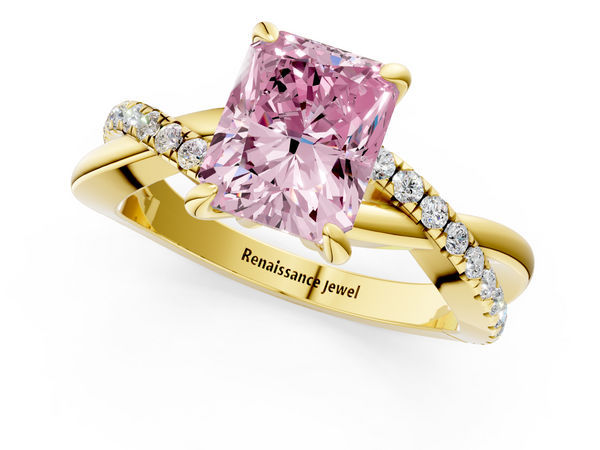Yellow gold Fancy Pink Radiant  Cut Twist Band Solitaire Diamond Ring with Pavé Setting