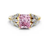 Yellow gold Fancy Pink Radiant  Diamond Cluster Leaf Design Ring with Prong Setting_71