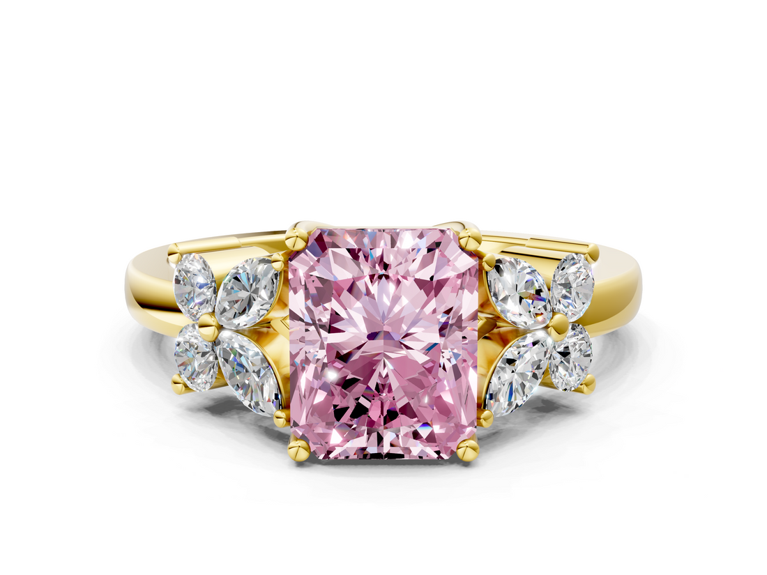 Yellow gold Fancy Pink Radiant  Diamond Floral Cluster Ring with Solitaire Band and Prong Setting_29