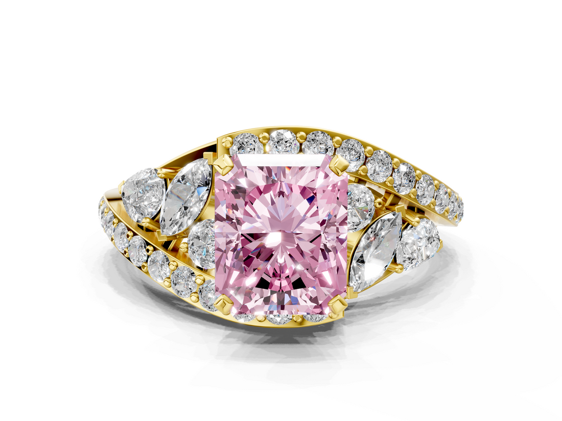 Yellow gold Fancy Pink Radiant  Diamond Halo Ring with Marquise and Pavé Band in Prong Setting_54