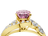 Yellow gold Fancy Pink Radiant  Diamond Halo Ring with Marquise and Pavé Band in Prong Setting_58