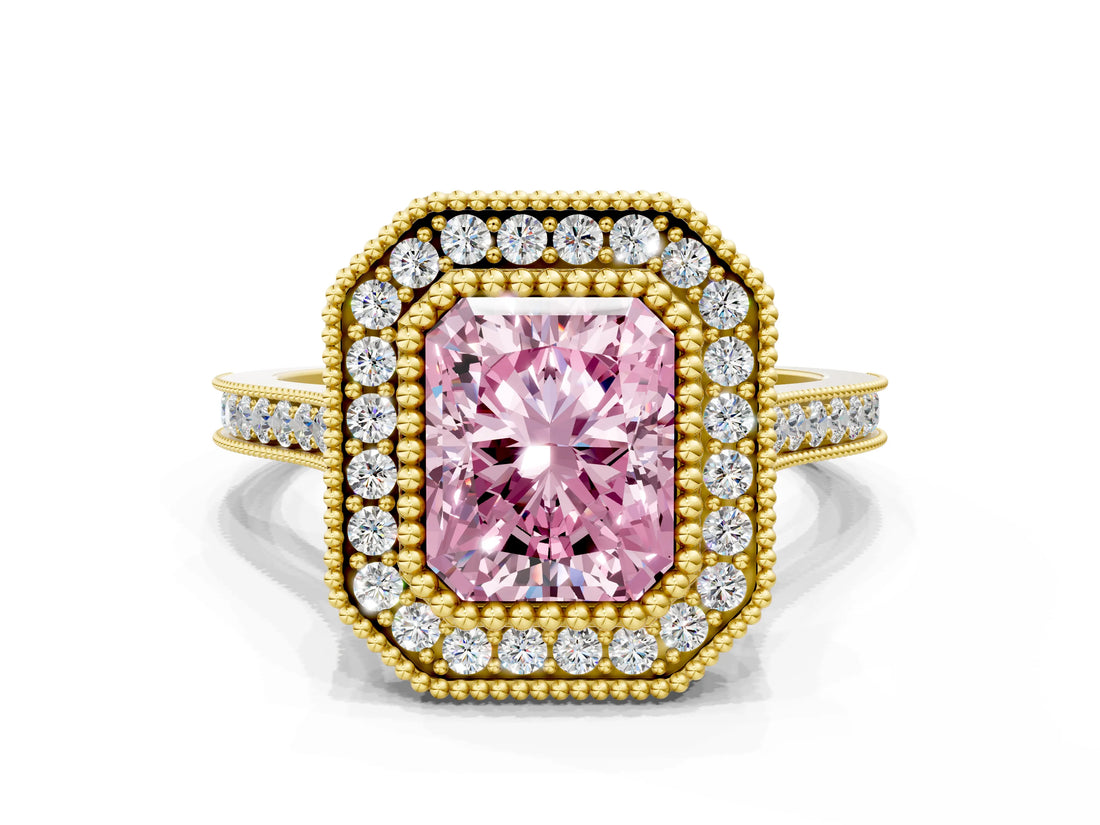 Yellow gold Fancy Pink Radiant  Diamond Halo Ring with Milgrain Frame and Pavé Band_59