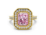 Yellow gold Fancy Pink Radiant  Diamond Halo Ring with Milgrain Frame and Pavé Band_59