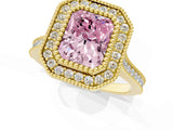 Yellow gold Fancy Pink Radiant  Diamond Halo Ring with Milgrain Frame and Pavé Band_60