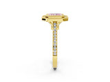 Yellow gold Fancy Pink Radiant  Diamond Halo Ring with Milgrain Frame and Pavé Band_61