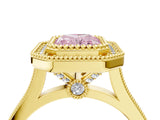 Yellow gold Fancy Pink Radiant  Diamond Halo Ring with Milgrain Frame and Pavé Band_63