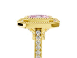Yellow gold Fancy Pink Radiant  Diamond Halo Ring with Milgrain Frame and Pavé Band_64