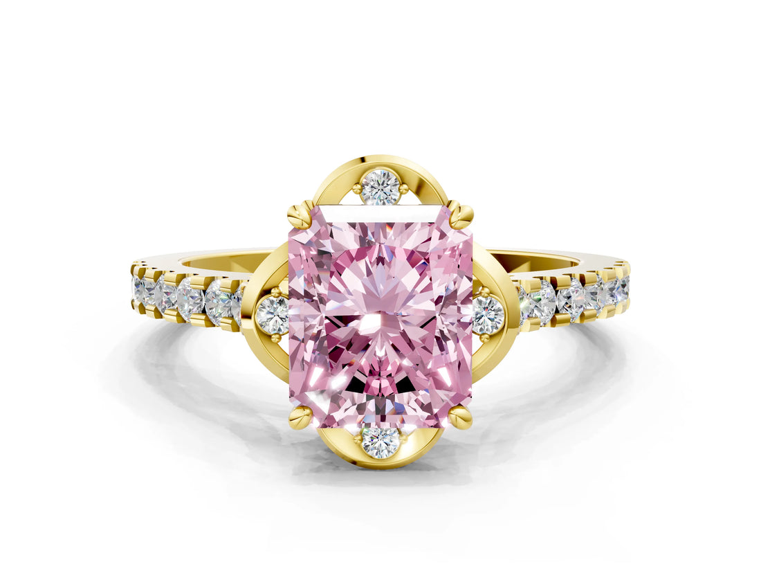 Yellow gold Fancy Pink Radiant  Diamond Pave Band with Floral Prong Setting_27