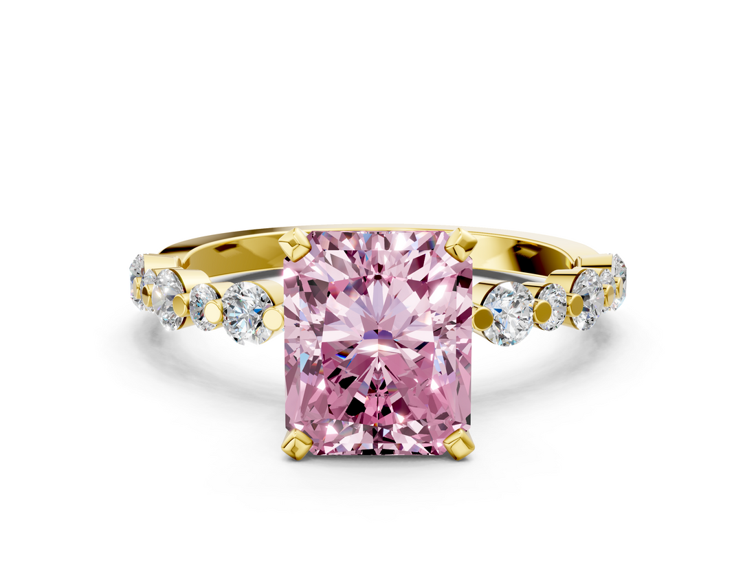 Yellow gold Fancy Pink Radiant  Diamond Prong Set Engagement Ring with Pave Band_199