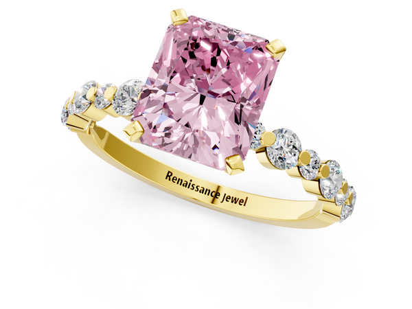 Yellow gold Fancy Pink Radiant Cut Diamond Prong Set Engagement Ring with Pavé Band